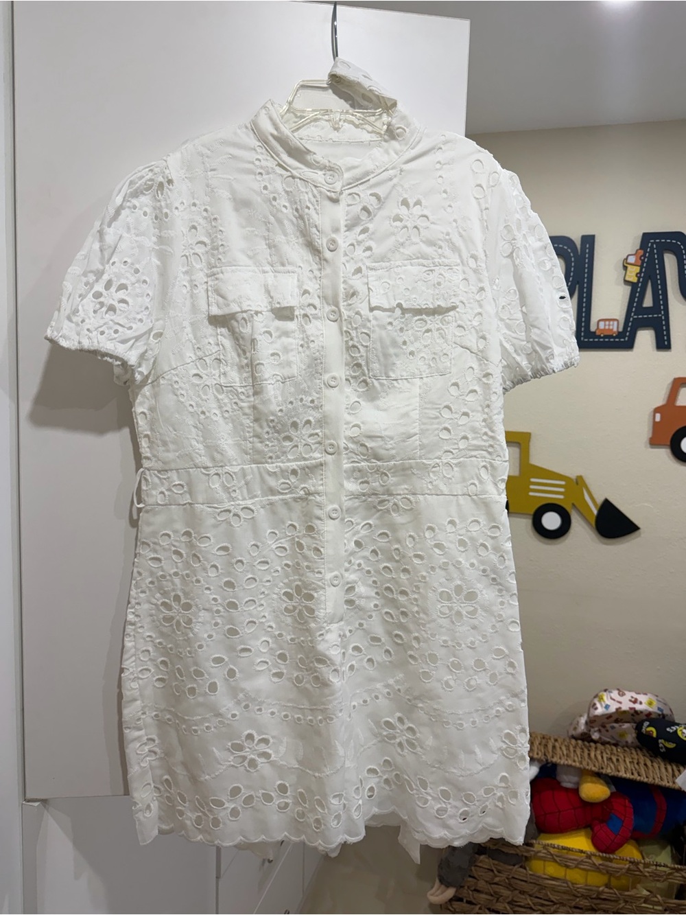 SHEIN White Eyelet Button-Front Mini Dress